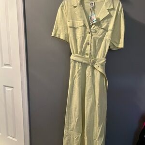 Anne Klein Light Green Buttoned Maxi Dress with Notched Collar